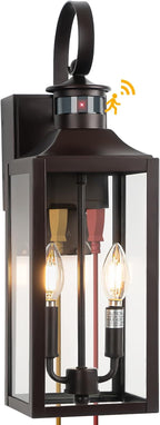 Porch Lights with GFCI Outlet, 20" Brown Dusk to Dawn Motion Sensor Outdoor Lights, Exterior Lighting Fixtures with GFCI Outlet Built-in, Waterproof Bronze Outdoor Wall Sconce for House Patio