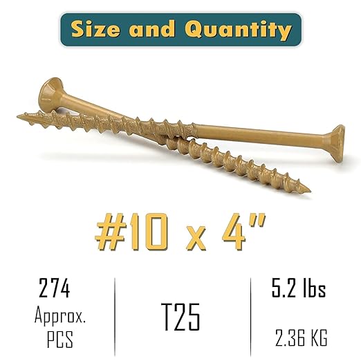 WELLOCKS Deck Screws, Wood Screws, Tan, Superior Rust Resistant, Epoxy Coated, Above 1000 Hour Salt Spray Coating T25 Torx Star Bit Included for Outdoor Wood Fence (5.2LBS Tan, #10×4")