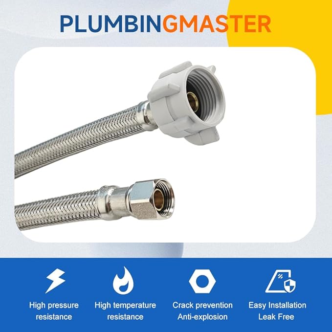 (12pcs 12 inch) PLUMBINGMASTER Toilet Water Supply Line,3/8" Comp x 7/8" BC Braided Stainless Steel Toilet Supply Line,Toilet Connector Hose with Anti-Leaking Brass Nut
