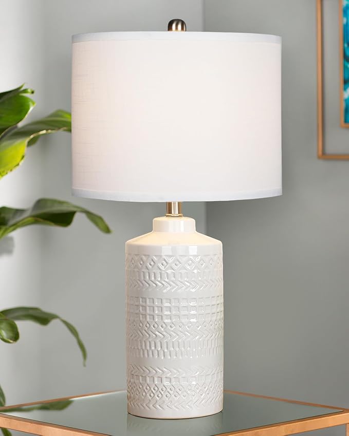 24.5" White Ceramic Table Lamp 3-Way Dimmable Nightstand with White Linen Shade Bedside Lamp for Bedrooms & Living Room Office Reading(Bulb Included)