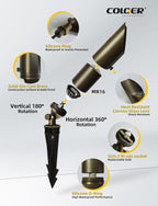 COLOER Brass Landscape Spotlights,12 Pack Spotlight Fixture Outdoor with 5W Aluminum Housing MR16 LED Bulb 2700K 450LM,12V AC/DC Low Voltage Landscape Lighting, Uplight for Garden and Patio(103B)