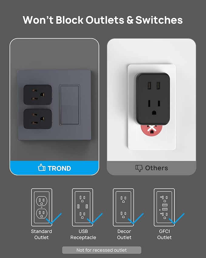 TROND Multi Plug Outlet Extender 2 Pack - Horizontal Electrical Wall Outlet Splitter, 3 Way Plug Extension Outlet Adapter, Multiple Plug Extender for Home Office Cruise Ship Essentials, Black