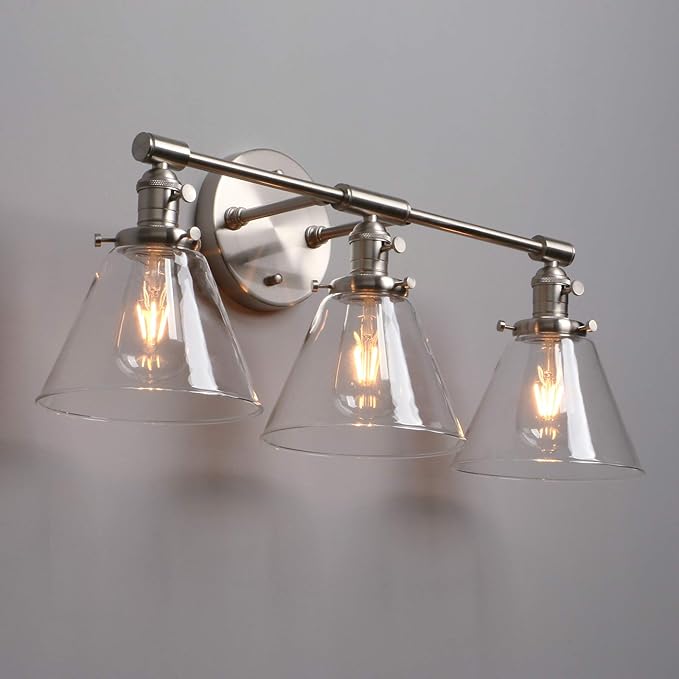 Phansthy 3-Light Wall Sconces Antique Brass Vanity Light, Industrial Wall Lamps with On Off Switch and Clear Glass Lampshade, Vintage Wall Lighting for Bathroom Living Room (Brushed, Cone Shade)