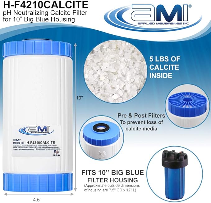 APPLIED MEMBRANES INC pH Neutralization Water Filter Cartridge | Calcite Filter to Raise Alkalinity of Low pH Water | Standard 4.5" x 10" Size fits 10 Inch Filter Housing | H-F4210CALCITE (4.5x10))