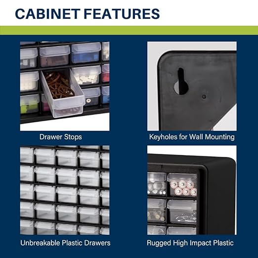 Akro-Mils 64-Drawer Plastic Drawer Storage Cabinet for Garage Organization, Bead Organizer, Building Bricks Storage, Teacher Toolbox, Makeup Organizer, 20-Inch W x 6-Inch D x 16-Inch H, 10164 Black
