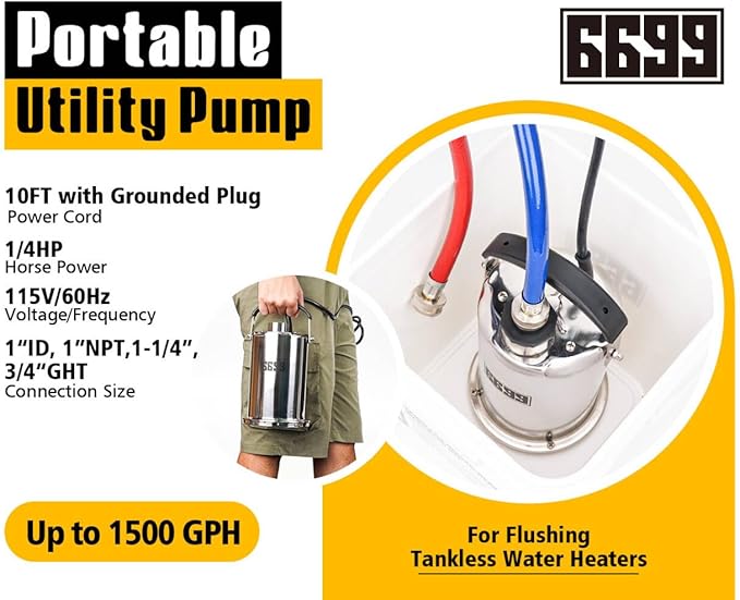 Tankless Water Heater Flushing Kit Includes 1/4HP Stainless Steel Pump with Two Adapters & 3 Gallons Pail with Bucket Lid Opener & Two 1/2” Dia X 6’ PVC Hoses with Washers