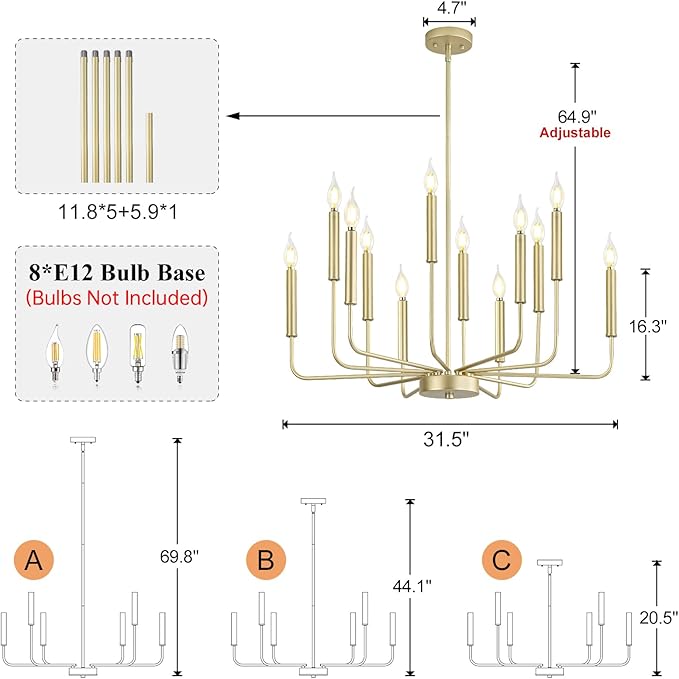 Qamra Modern Farmhouse Gold Chandelier for Dining Room, 12-Light Rustic Candle Chandelier Light Fixture, Industrial Hanging Chandeliers Lighting for Living Room, Kitchen, Staircase, Entryway, Foyer