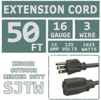 Indoor Outdoor Extension Cord 50 FT Waterproof, 16/3 Gauge Heavy Duty Gray Extension Cords, 13A 1625W SJTW Extension Cord with 3 Prong Grounded Plug, Great for Tools, Lights, UL Listed.
