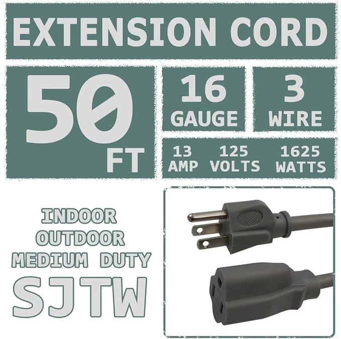 Indoor Outdoor Extension Cord 50 FT Waterproof, 16/3 Gauge Heavy Duty Gray Extension Cords, 13A 1625W SJTW Extension Cord with 3 Prong Grounded Plug, Great for Tools, Lights, UL Listed.