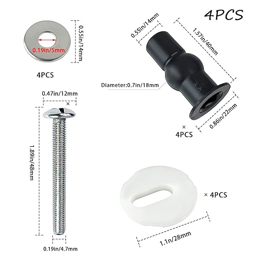 4 Pack Universal Toilet Seat Bolts and Hinge Screws, Top Mounting Fixings Kit with Expanding Rubber Top Nuts, Replacement Screws for 14-16mm Hole Toilet Seat Repair