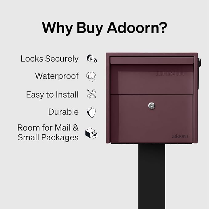 Adoorn Lockable Post Mount Mailbox | Small (Malbec), Size 12 x 12 x 18.5 (HxWxD) Anti-Theft Locking Mailbox with 2 Keys, Modern Mailbox with Flag, Weatherproof Mailboxes for Outside