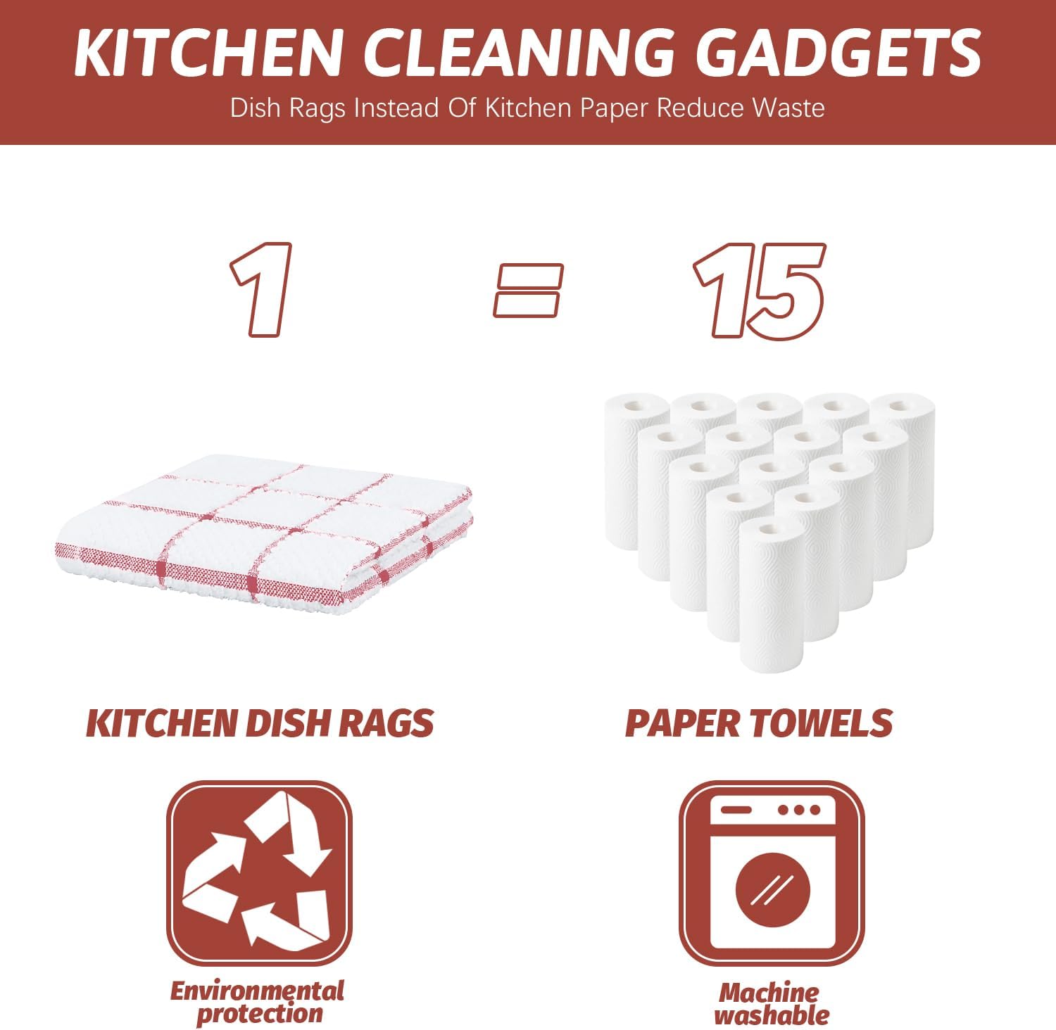 Nialnant 8 Pack Dish Cloths for Washing Dishes, 100% Cotton Reusable Cleaning Rag, Quick Drying Dish Towels for Kitchen, 12x12 Inches, Red Plaid