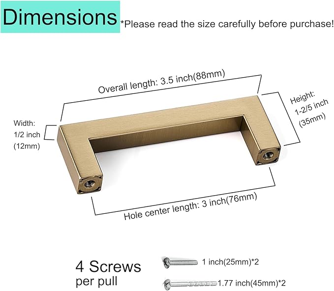 10 Pack Champagne Cabinet Handles 3 Inch Hole to Hole Square Drawer Pulls Cupboard Handles Champagne Bronze Handled for Cabinets Modern Stainless Steel Kitchen Hardware