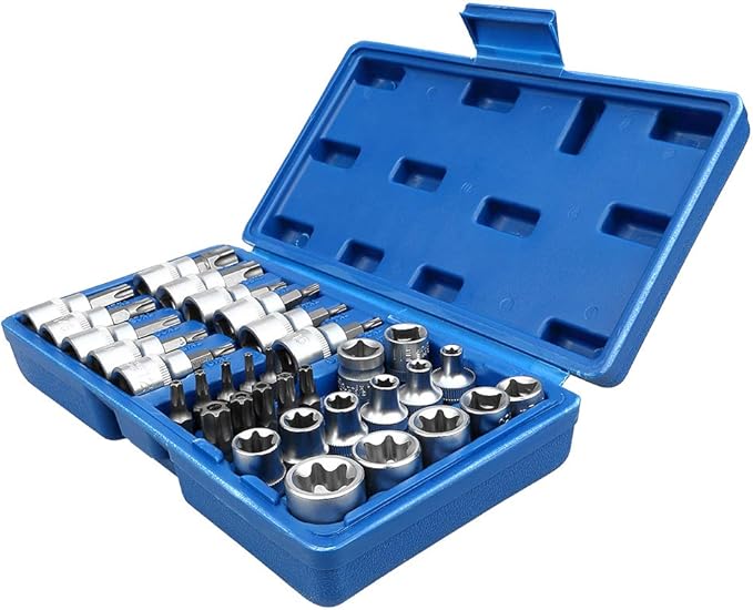 Drive Male Female Torx Star Bit Socket E-Socket Set Handheld Tool - 34 Pcs, Star Socket Set For Hand Use Work On Cars, Trucks, Machinery, and Other Jobs With Storage Case, Blue