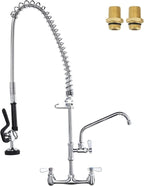 36" Height Commercial Faucet Wall Mount with Sprayer 8" Adjustable Center 10" Swing Spout, Kitchen Sink Faucet with Pull Down Pre-Rinse Sprayer for Restaurant Industrial Kitchen, Chrome