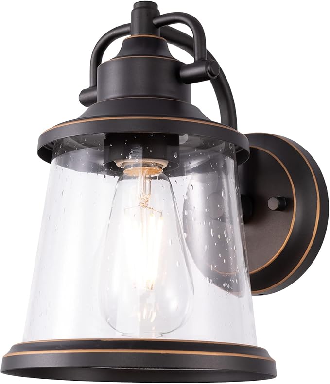 GRUENLICH Outdoor Wall Lantern, Wall Sconce as Porch Lighting Fixture, E26 Medium Base, Metal Housing Plus Seeded Glass, Oil Rubbed Bronze Finish, Bulb Not Included, 1-Pack