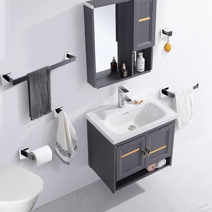 TURS 5-Piece Bathroom Hardware Set Matte Black and Polished Chrome Towel Bar Holder Set Hand Towel Holder Toilet Paper Holder and 2 Towel Hooks,Stainless Steel Wall Mounted