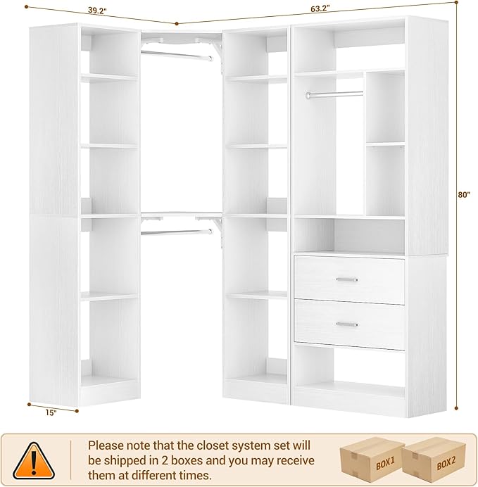 Corner Closet System with 2 Sets, 63.2" Corner Closet Organizer System with 2 Drawers + 18 Shelves + 3 Hanging Rods, Reversible L Shaped Walk-in Closets, White (63.2" L x 39.2" W x 80" H)