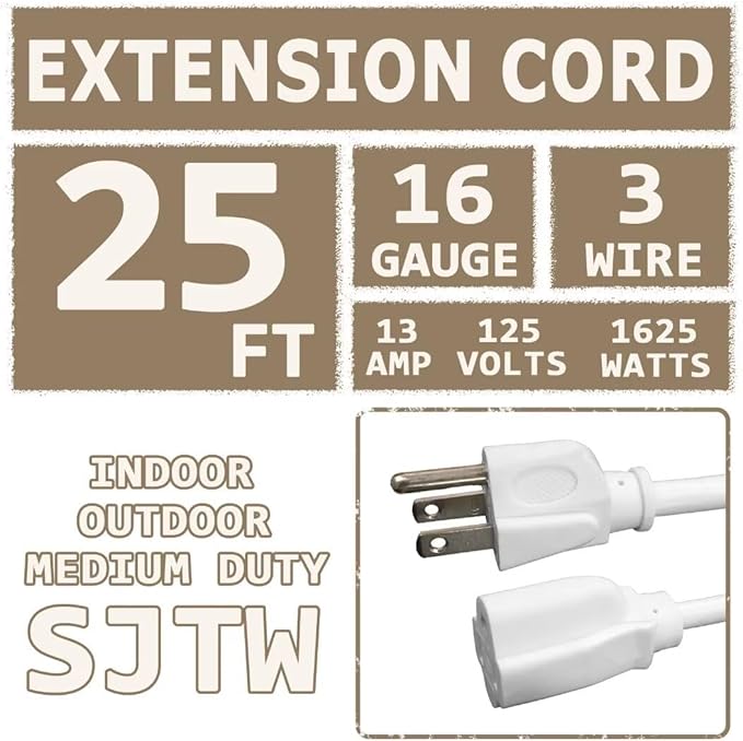 Indoor Outdoor Extension Cord 25 FT Waterproof, 16/3 Gauge Heavy Duty White Extension Cords, 13A 1625W SJTW Extension Cord with 3 Prong Grounded Plug, Great for Tools, Lights, UL Listed.