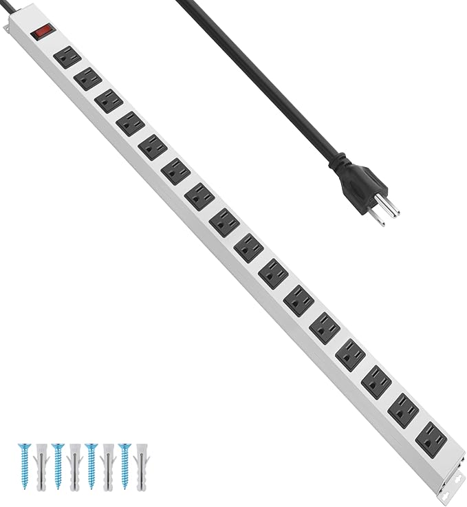 JUNNUJ Metal 16 Outlet Power Strip, Mountable Heavy Duty Power Strip, 1200J Surge Protector Wall Mount Screws Outlet with Switch, Gaming Desk Strips Wide Spaced 15A 125V 1875W, 10 FT 14AWG Power Cord