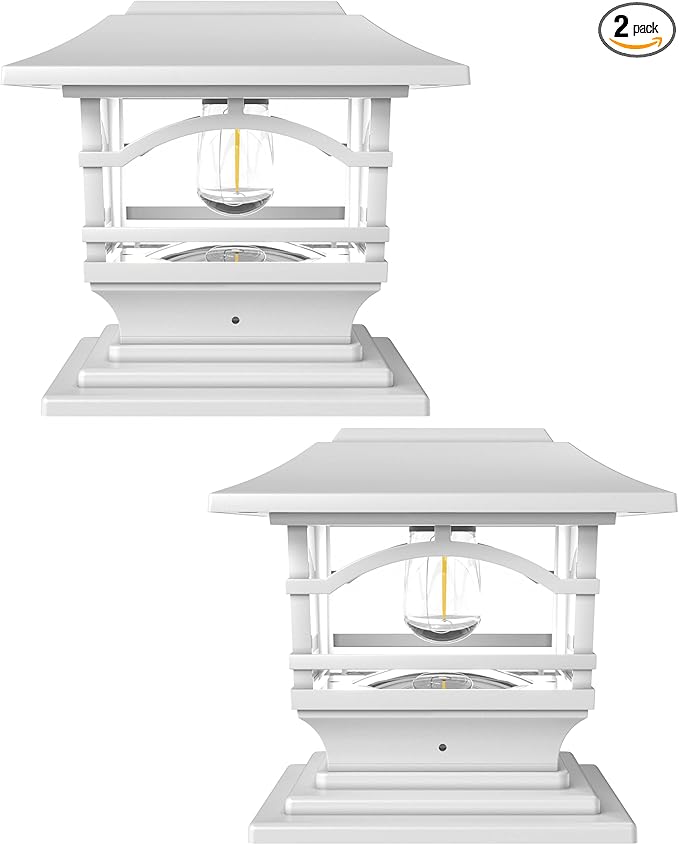 Davinci Lighting Edison Solar Outdoor Post Cap Lights - 4x4 5x5 6x6 - Bright LED Light for Fence Deck Garden or Patio Posts - Pearl White (2 Pack)