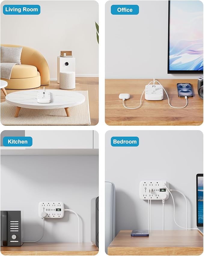 Short Extension Cord 3ft - 2 Prong Power Strip Surge Protector with 8 Outlets 6 USB Ports(3 USB C)4.8A/24W Charging Station, 3 prong to 2 prong adapter Wall Mount for Travel Dorm Room Essentials White