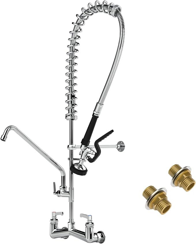 36" Height Commercial Faucet with Pre-Rinse Sprayer and 10" Add-on Swing Spout – 8" Adjustable Center Wall Mount Kitchen Sink Faucet, Brass Body for 1/2/3 Compartment Restaurant Utility Sink