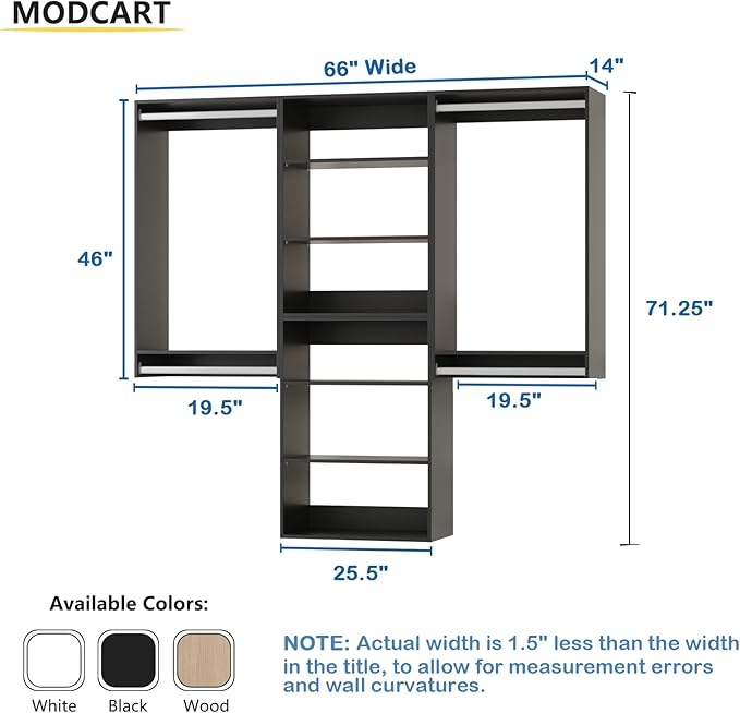 Modular Closet System, 66" Wide Organizer With Hanging and Towers, Wood Storage for Walk In Closets, Wall Mounted Wardrobe Kit, Bedroom, Black