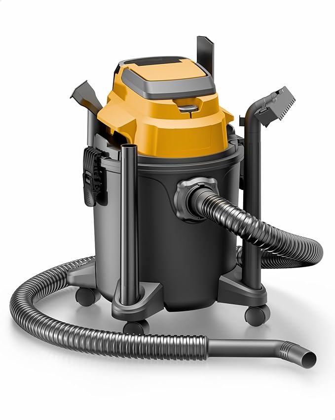 DeForce Cordless Shop Wet Dry Vacuums for DeWalt 20V Max Battery, 5.2-Gallon Portable Shop Vac, 17000Pa with Hose Nozzles HEPA Filters Wheels for Home Projects & Renovations, Mustard(No Battery)