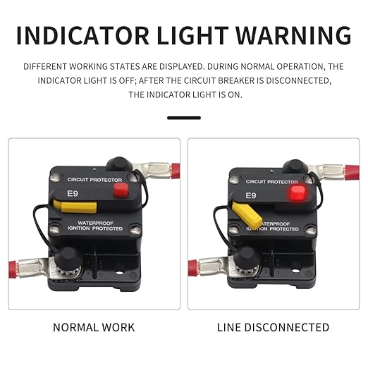 E9 50 Amp Circuit Breaker 12V - 72V DC with Manual Reset | UL Certified Waterproof IP67 | Surface Mount 50A Switch Button with LED Indication