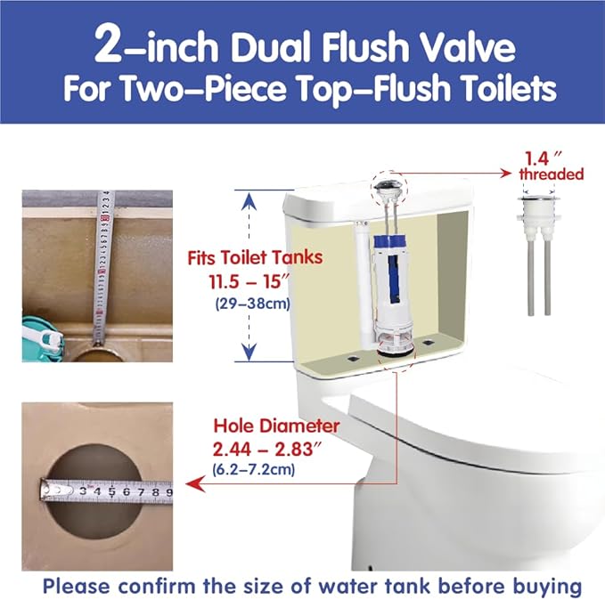 2-Inch Dual Flush Valve Repair Kit for 2-Piece Toilets, Top Push Toilet Repair Kit, Inside Tank Dual Flush Valve Replacement Kit, Includes Valve, Button, Gasket, Bolt