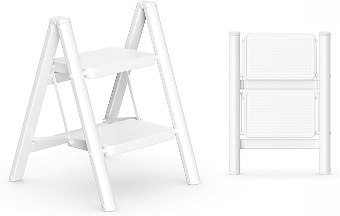 GameGem 2 Step Ladder Portable Folding Step Stool with Anti-Slip Pedal, Lightweight Stepladder Multi-Use for Home and Kitchen, Saving Space, White, 300lbs