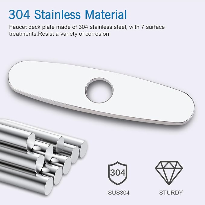 10 Inch Faucet Deck Plate, Faucets Sink Hole Cover Stainless Steel Plate Escutcheon for 1 or 3 Hole Kitchen or Bathroom Sink Faucet, Round, Chrome