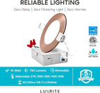 LUXRITE 4 Inch Ultra Thin LED Recessed Light with J-Box, 10W, 5 Color Options 2700K | 3000K | 3500K | 4000K | 5000K, Dimmable Wafer Lights, 750 Lumens, Copper Trim, Energy Star, IC Rated (4 Pack)
