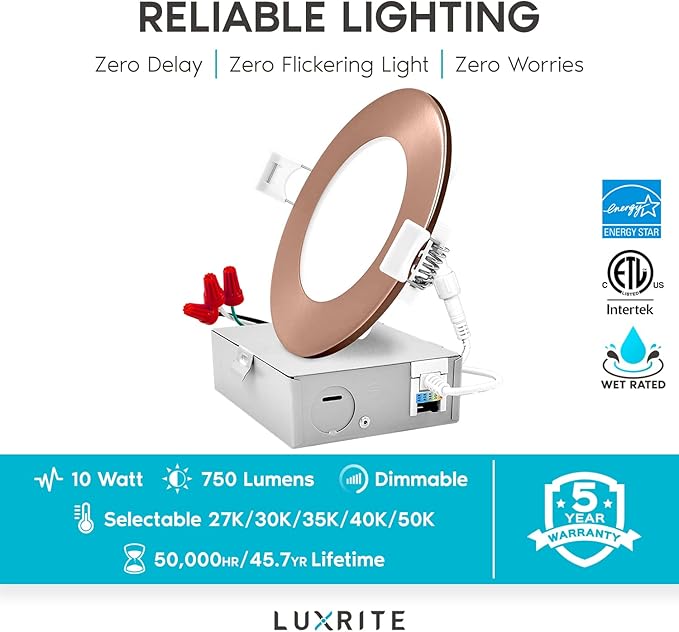 LUXRITE 4 Inch Ultra Thin LED Recessed Light with J-Box, 10W, 5 Color Options 2700K | 3000K | 3500K | 4000K | 5000K, Dimmable Wafer Lights, 750 Lumens, Copper Trim, Energy Star, IC Rated (4 Pack)