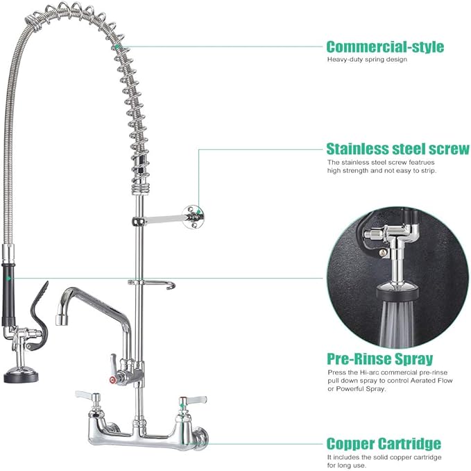 IMLEZON Commercial Faucet, Wall Mount Sink Faucet 8 Inch Center 47 Inch Commercial Kitchen Faucet with Pre-Rinse Sprayer and 12 Inch Swivel Spout