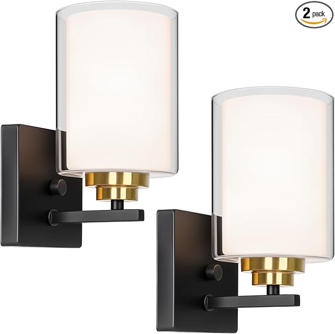 Set of 2 Wall Sconces for Bathroom, Modern Vanity Light Fixtures, Black & Gold Wall Mount Lighting Lanterns, Farmhouse Wall Lights with Double Clear Glass Shade for Bedroom Living Room Mirror Hallway