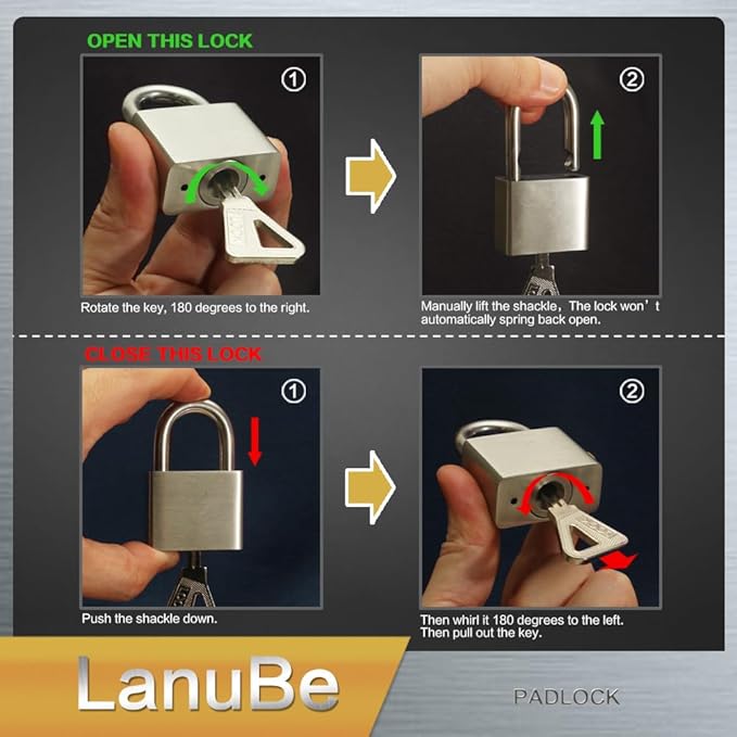 Lanube 304 Stainless Steel keyed Alike Marine Small Padlocks for Outdoor use, 1-9/16 inch Wide Body, Stainless Steel Body Long Shackle, Pack of 2