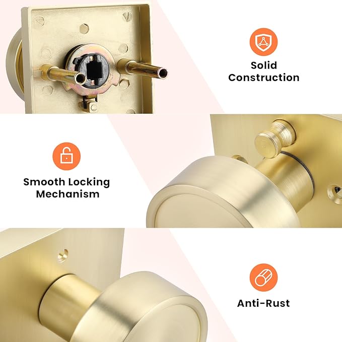 Haidms Gold Door Knobs Interior, Zinc-Alloy Heavy Duty Round Brushed Gold Privacy Door Knobs for Bedroom Modern Bathroom Interior Door Lock Bulk(5 Pack)