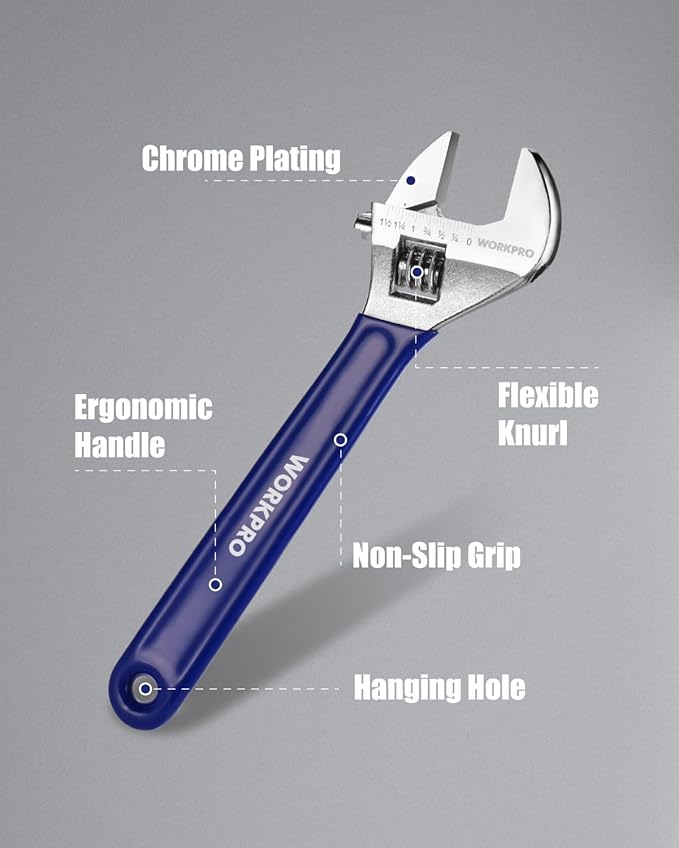 WORKPRO 4-Piece Adjustable Wrench Set (6", 8", 10", 12") – Heavy-Duty, Wide Jaw Wrenches with Laser-Etched Metric & SAE Scales, Comfortable Grip for Automotive, Plumbing & Repairs