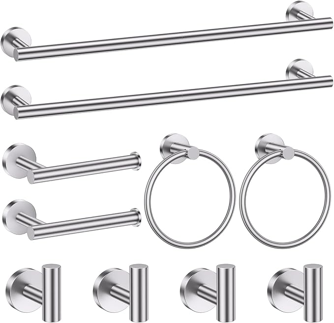 10 Pieces Brushed Nickel Bathroom Hardware Set, SUS304 Stainless Steel Towel Holder Set Includes 23.6 Inch Towel Bar, Toilet Paper Holder, Towel Ring and Towel Hook Wall Mount Bathroom Accessories Set