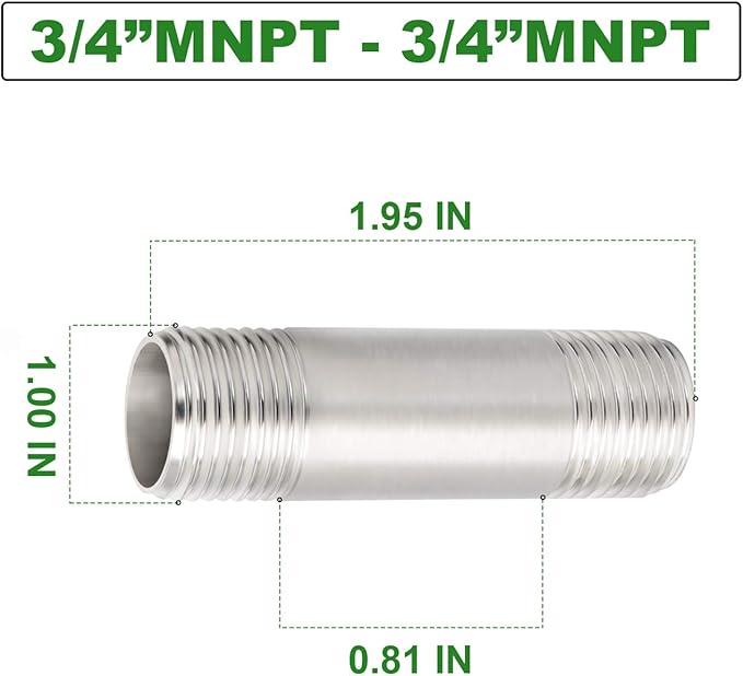 TAISHER 4PCS Stainless Steel Pipe Fittings, 3/4" NPT x 3/4" NPT Male Threaded, 2" Length Nipple Cast Pipe