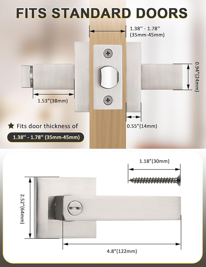 8 Pack Privacy Square Brushed Nickel Door Handles Interior, Keyless Door Knobs for Bedroom/Bathroom, Reversible for Left Right Handed Doors
