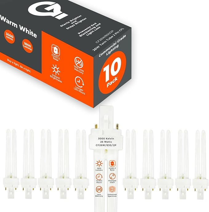 GoodBulb 26 Watt CFL Light Bulbs 2 Pin G24D-3 Base 3000K Warm White 26W High Output 1800 Lumens Double Tube Compact Fluorescent Light Bulbs Plug-in 10 Pack