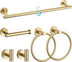 TQKAG Brushed Gold Bathroom Hardware Set 6-Piece Bathroom Accessory Set 23.6 Inch Round Stainless Steel Towel Bar Set Wall Mounted