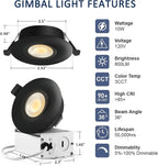 Sublimation Black 8 Packs 3 Inch 3CCT Gimbal Led Recessed Light with Junction Box 10w,Waterproof recessed Lights for Shower,Black recessed Lights,3 Colors Adjustable