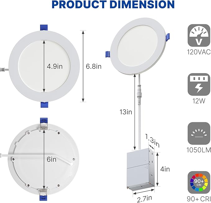 12 Pack 6 Inch LED Recessed Ceiling Light with Night Light| 5CCT Dimmable 2700K-5000K| RA90 1050LM 12W 120V| Ultra-Thin High Brightness Canless Wafer Downlight with Junction Box| IC ETL FCC