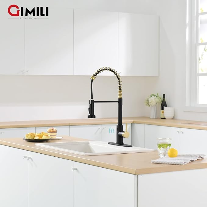 GIMILI Black and Gold Touchless Kitchen Faucet with AC Adapter, Smart Motion Sensor Hands Free Single Handle Kitchen Sink Faucet with Pull Down Sprayer