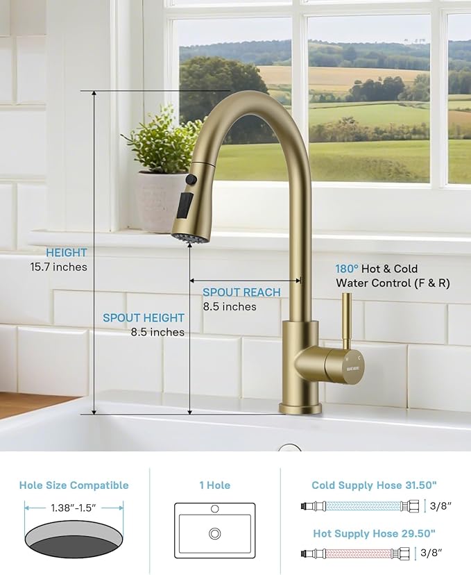 WEWE Kitchen Faucets with Pull Down Sprayer, Stainless Steel Single Handle 1 Hole for Family Kitchen Commercial Camper Laundry Rv Bar, Gold