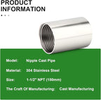 TAISHER 1PCS Stainless Steel Pipe Fittings, 1-1/2" NPT Female x 1-1/2" NPT Female Threaded, 6" Length Nipple Cast Pipe